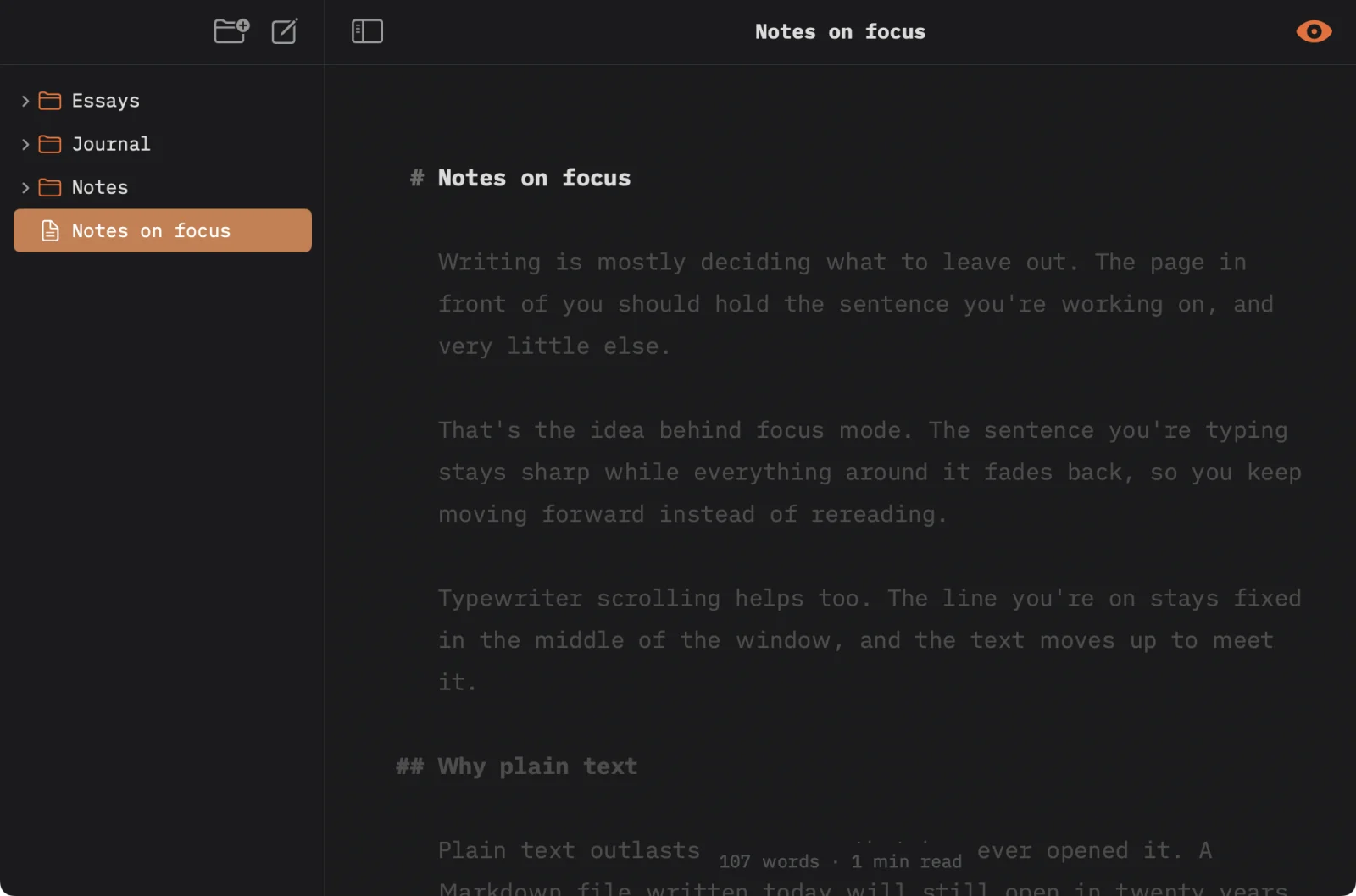 Quill in dark mode with focus mode on: the heading is sharp and the paragraphs below are dimmed.